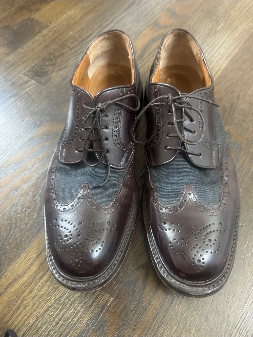 Salvatore Ferragamo Brown Leather and Canvas Wingtip Derby Oxfords 10 2E (wide)